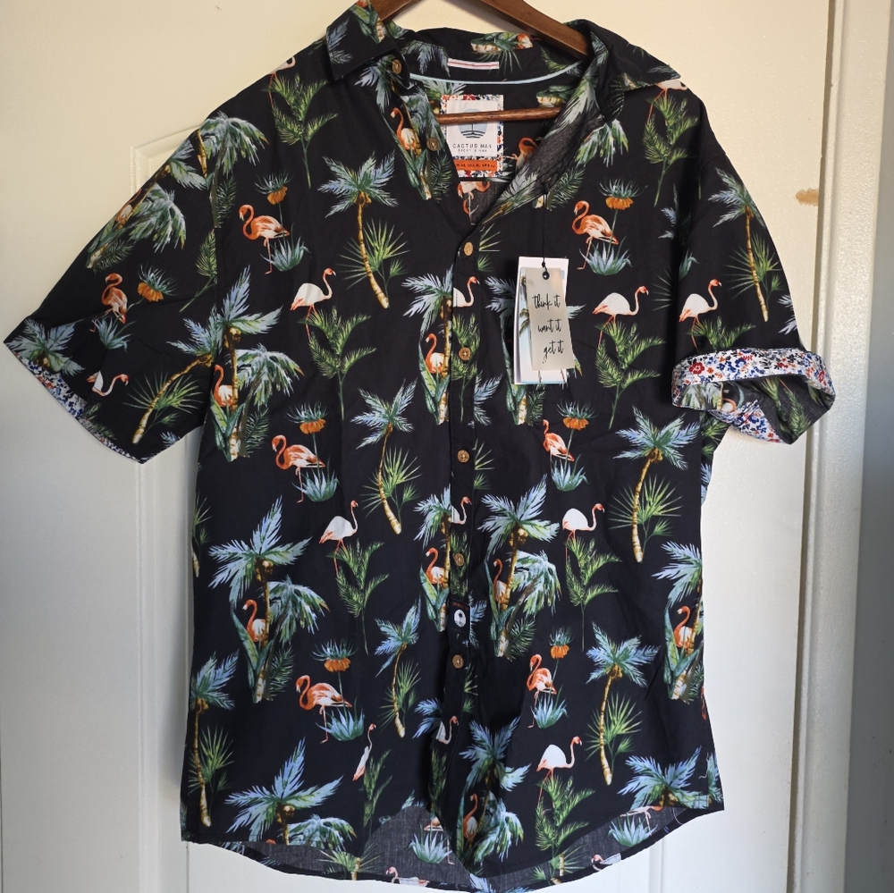 Men's Cactus Man Black Palm Trees Casual Button Down Shirt Tropical XL
